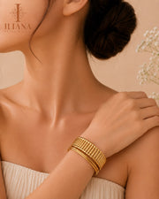 ILIANA Gold-Tone Ribbed Wide Cuff Bracelet for Women | Adjustable Statement Open Bracelet