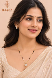 ILIANA Gold-Tone Black Beaded Mangalsutra Necklace for Women | Crystal Floral Cluster Pendant Mangalsutra