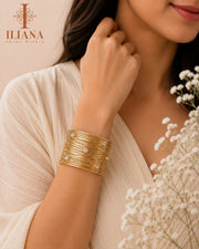 ILIANA Gold-Tone Textured Crystal Wide Cuff Bracelet for Women | Adjustable Statement Open Bangle