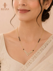ILIANA Gold-Tone Black Beaded Mangalsutra Necklace for Women | Crystal V-Shaped Chevron Pendant
