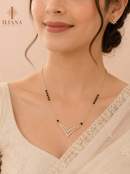 ILIANA Gold-Tone Black Beaded Mangalsutra Necklace for Women | Crystal V-Shaped Chevron Pendant