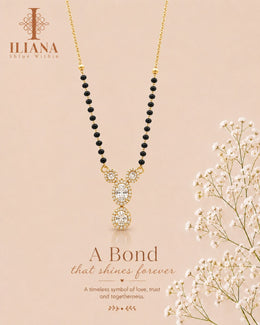 ILIANA Gold-Tone Black Beaded Mangalsutra Necklace for Women | Crystal Floral Pendant Mangalsutra