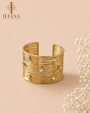 ILIANA Gold-Tone Textured Crystal Wide Cuff Bracelet for Women | Adjustable Statement Open Bangle