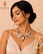 ILIANA Gold-Tone Multi-Tone Leaf Statement Necklace Set for Women | Designer Necklace with Matching Earrings