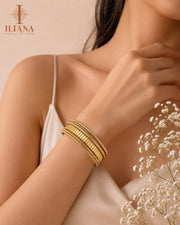 ILIANA Gold-Tone Ribbed Layered Cuff Bracelet for Women | Adjustable Statement Open Bracelet