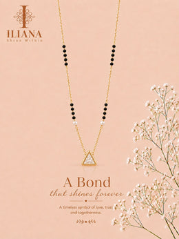 ILIANA Gold-Tone Black Beaded Mangalsutra Necklace for Women | Crystal Triangle Pendant Mangalsutra