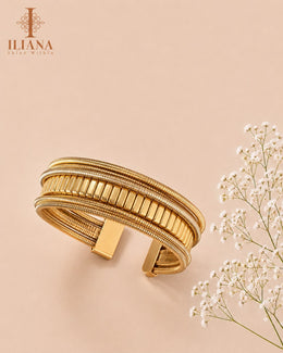 ILIANA Gold-Tone Ribbed Layered Cuff Bracelet for Women | Adjustable Statement Open Bracelet